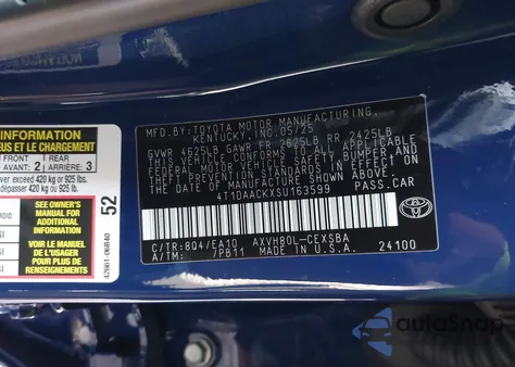 2025 Toyota Camry Se from USA, damaged, VIN 4T1DAACKXSU163599